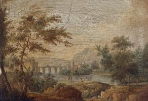 An Extensive River Landscape 
With Figures Resting On The Shore And An Aqueduct In The Distance