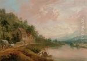 A Mountainous River Landscape With Figures And A Hay-cart On A Track By A Cottage