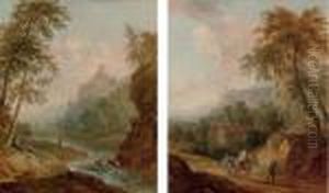A Mountainous Landscape With
Figures Resting By A Stream; And A Mountainous Landscape With Travellers
And Mules On A Track by Christian Georg Schuttz II