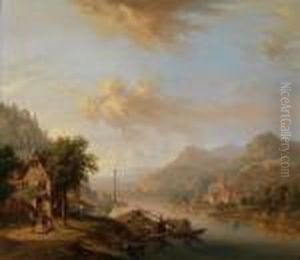Viandanti In Un Ampio Paesaggio Renano Con Una Casa Contadina In Riva Al Fiume by Christian Georg Schuttz II