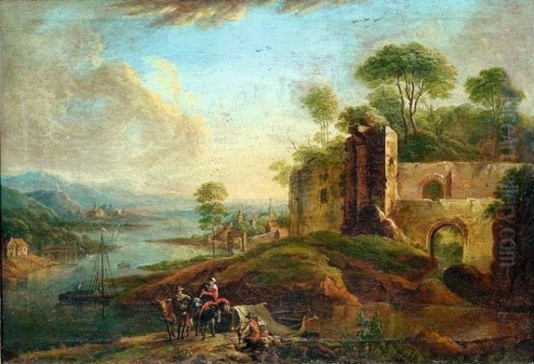Flusslandschaft Mit Ruinosem 
Gebauden Links Und Hirten Mit Esel Und Schafen Im Vordergrund. - view 1
