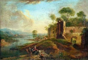 Flusslandschaft Mit Ruinosem 
Gebauden Links Und Hirten Mit Esel Und Schafen Im Vordergrund.