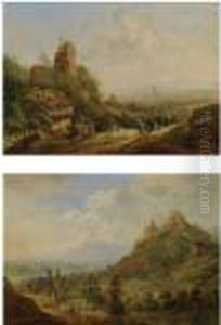 An Extensive Mountainous
Landscape With Shepherds On A Path In Theforeground, Near A Cottage And A
Ruin On A Hilltop, A Villagebeyond by Christian Georg Schuttz II