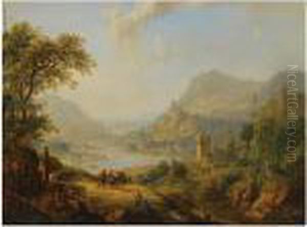 An Extensive Rhenish Landscape
With Shepherds And Travellersresting On A Path In The Foreground, A View
Of A Castle And Avillage Beyond - view 1
