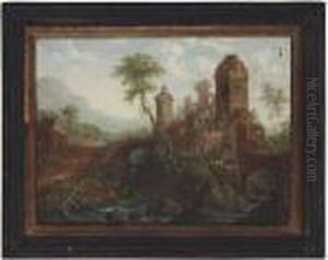A River Landscape With Travellers Approaching A Castle On Anisland by Christian Georg Schuttz II