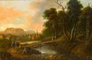 A Wooded River Landscape With Travellers On Abridge A Wooded River Landscape With Travellers On Abridge