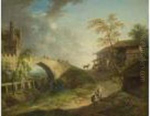 Idyllische Landschaft Mit Burg Und Figuren by Christian Georg Schuttz II