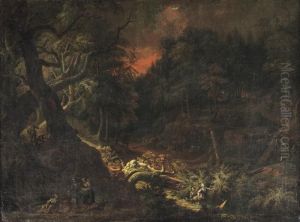 An Evening Wooded Landscape With Figures Conversing On Atrack by Christian Georg Schuttz II