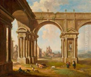 Paesaggio Di Antiche Rovine Con Figure E Mucche by Christian Georg Schuttz II