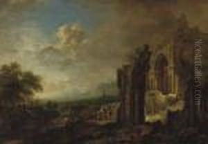 A Wooded River Landscape With Travellers By A Ruined Gothic Church