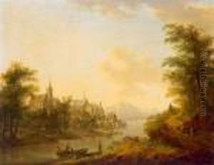 Paesaggio Renano Con Due Chiese E Imbarcazioni