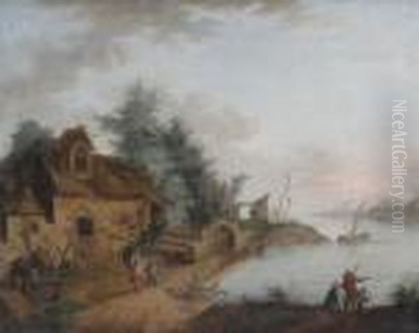 Landschaft An Einem See, Im Vordergrund Eine Hutte Mit Figuren - view 1