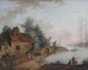 Landschaft An Einem See, Im Vordergrund Eine Hutte Mit Figuren