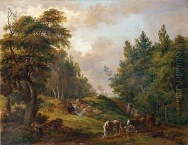 Bewaldete Landschaft Mit Einer
Viehherde.
Signiert Und Datiert Unten Rechts: Schuz. Fec. - view 1