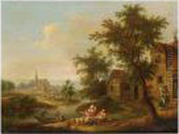 A River Landscape With Fishermen
 And Women Together With Children Unloading The Catch, Near A Farmhouse;
 A River Landscape With Figures Bathing, Two Figures In A Boat, A View 
Of A Church Beyond - view 1