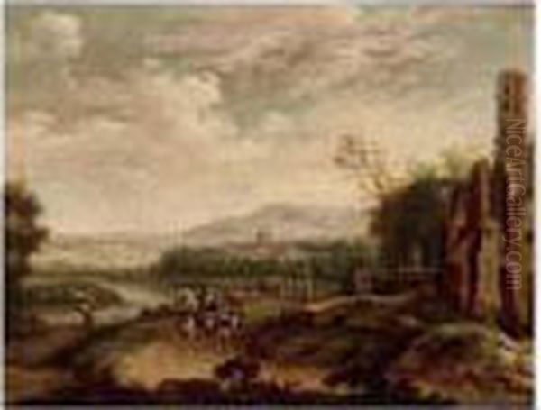 A River Landscape With Travellers With Their Donkey On A Path Near A Church Ruin - view 1