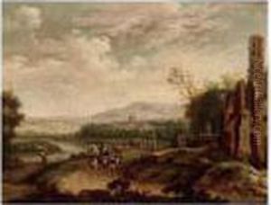 A River Landscape With Travellers With Their Donkey On A Path Near A Church Ruin by Christian Georg Schuttz II