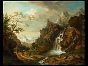 Alpenlandschaft Mit Figuren Neben Einem Wasserfall by Christian Georg Schuttz II