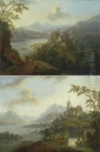 Pair Of Works: Two Rhine Landscapes With Castles And Walkers.