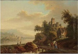 A River Landscape With Travellers On A Path, A Castle On A Mountain Beyond by Christian Georg Schuttz II