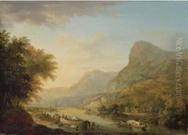 A Mountainous River Landscape With A Town Beyond - view 1