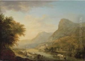 A Mountainous River Landscape With A Town Beyond by Christian Georg Schuttz II