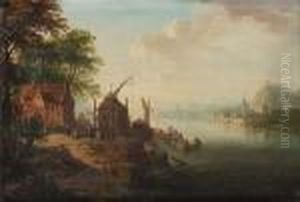 A Rhenish River Landscape With Boats Moored At A Jetty A Rhenish River Landscape With Boats Moored At A Jetty