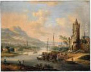 An Extensive Rhenish River Landscape With Figures Unloading Their Boats Before A Town