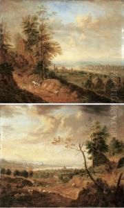 Peasants And Animals On A Path In A Wooded Landscape by Christian Georg Schuttz II