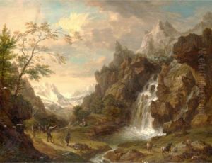 An Extensive Alpine Landscape With Figures Beside A Stream by Christian Georg Schuttz II