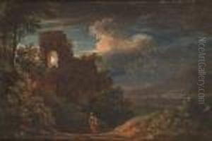 Moonlit Wooded Landscape With A Peasant On A Track, Ruins And Mountains Beyond by Christian Georg Schuttz II