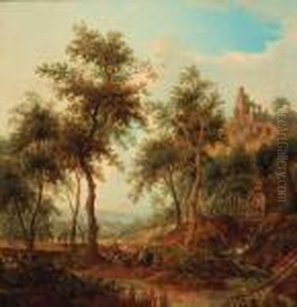 A Wooded Landscape With A Hunting Party By A Stream, A Ruinedcastle On A Hill Beyond - view 1