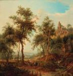 A Wooded Landscape With A Hunting Party By A Stream, A Ruinedcastle On A Hill Beyond