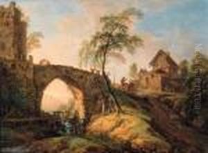 A Fisherman's Family On A River 
Bank Near A Watermill, Travellerson A Footbridge Beyond; And Travellers 
On A Stone Bridge Waving Toshepherds Halting At A Waterfall Beneath, A 
Cowherd On A Pathbeyond, At Sunset
