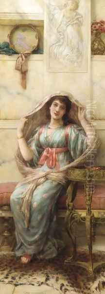 A seated young lady in a shawl - view 1