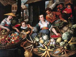 A fruit and vegetable stall in a town market by Jean Baptiste de Saive