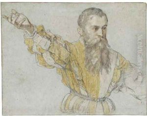 A bearded man, half-length, wearing a quartered doublet, gesturing to the left by Giuseppe Salviati