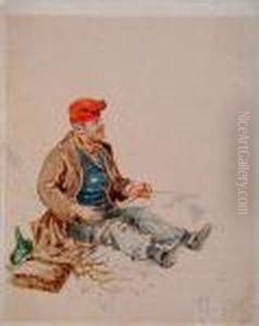 An Italian Peasant Seated On A Bench Lighting A Clay Pipe by Pietro Scoppetta