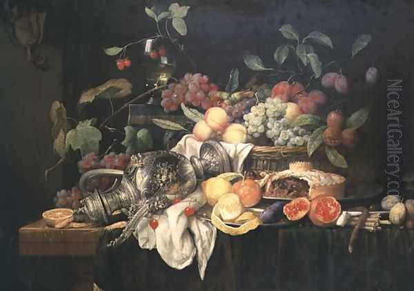 Still Life with pewter flagon, mince pie and fruit - view 1