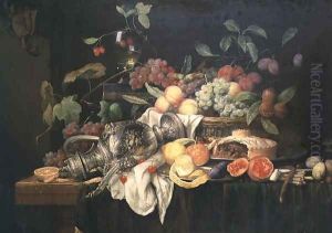 Still Life with pewter flagon, mince pie and fruit