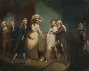 Camilla fainting in the arms of her father, illustration of a scene from Camilla, or A Picture of Youth, published in 1796 by Henry Singleton