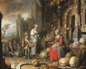 A greengrocer's stall by a gothic style building, a port beyond