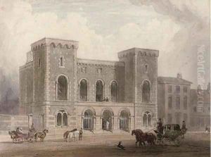 A coach and horses before a town house by George (Sydney) Shepherd