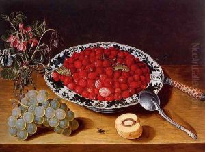 Wild Strawberries In A Wan-Li Kraak Porcelan Bowl With A vase Of Flowers And A Bunch Of Grapes, All Resting On A Wooden Ledge by Isaak Soreau