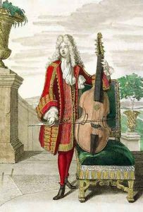 Gentleman playing the cello, published c.1688-90