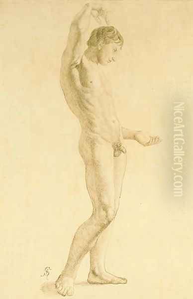 A nude in profile to the right, his right arm raised - view 1