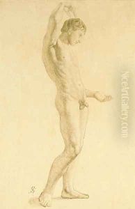 A nude in profile to the right, his right arm raised by Julius Schnorr Von Carolsfeld