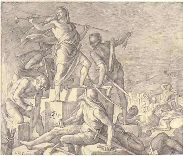 Watchmen sounding the alarm from the walls of Jerusalem as the Samaritan army approaches (Nehemiah 41-18) - view 1