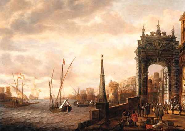 A Capriccio of a Mediterranean harbour with merchants and travellers on a quay by a gate, galleys and other shipping beyond - view 1