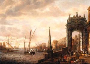 A Capriccio of a Mediterranean harbour with merchants and travellers on a quay by a gate, galleys and other shipping beyond